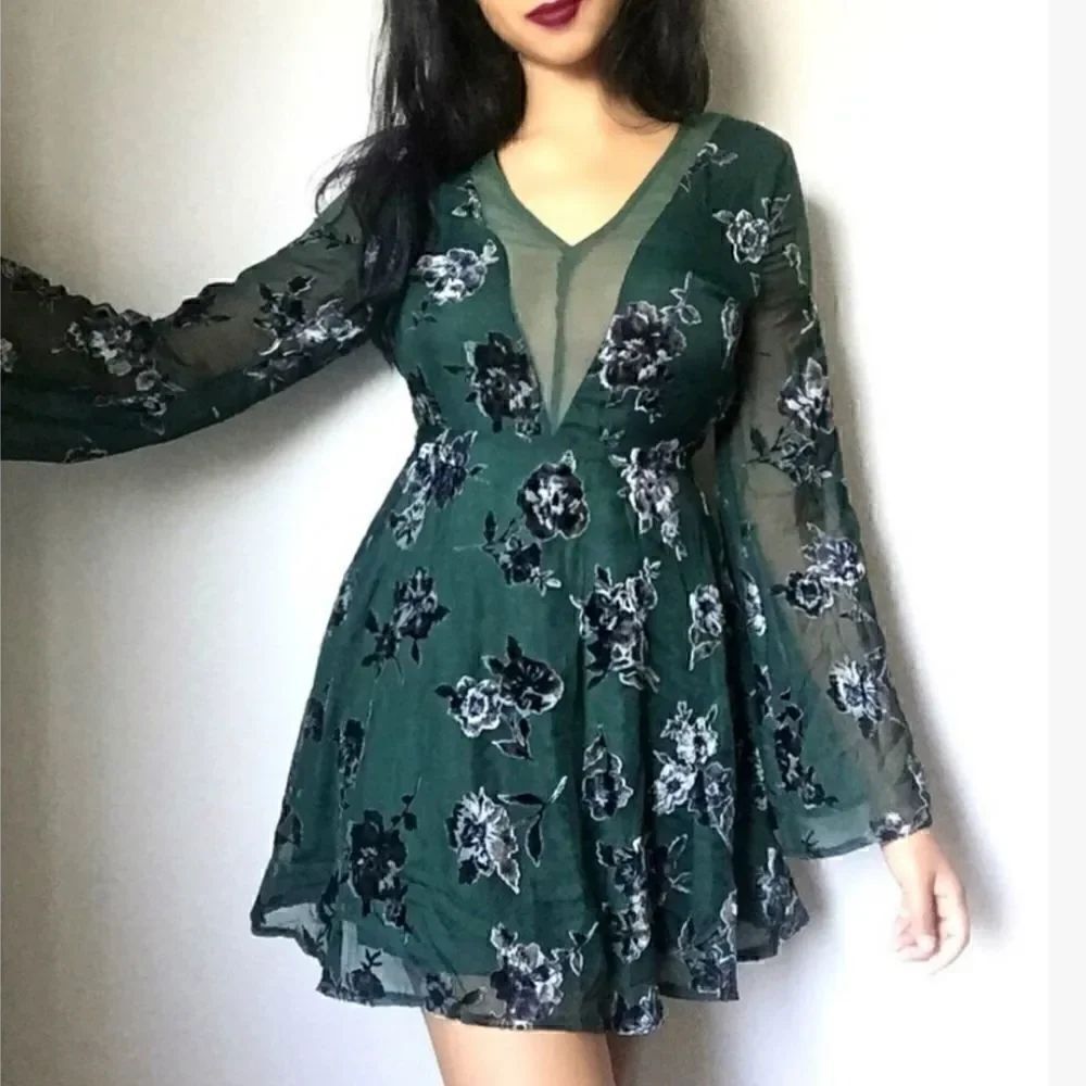 J.O.A. Los Angeles Green Floral Dress with bell sleeve and sheer insets